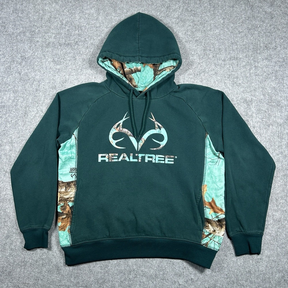 Realtree Hoodie Pullover Mens Size Small Teal Logo Camo Hunting Baggy Fit